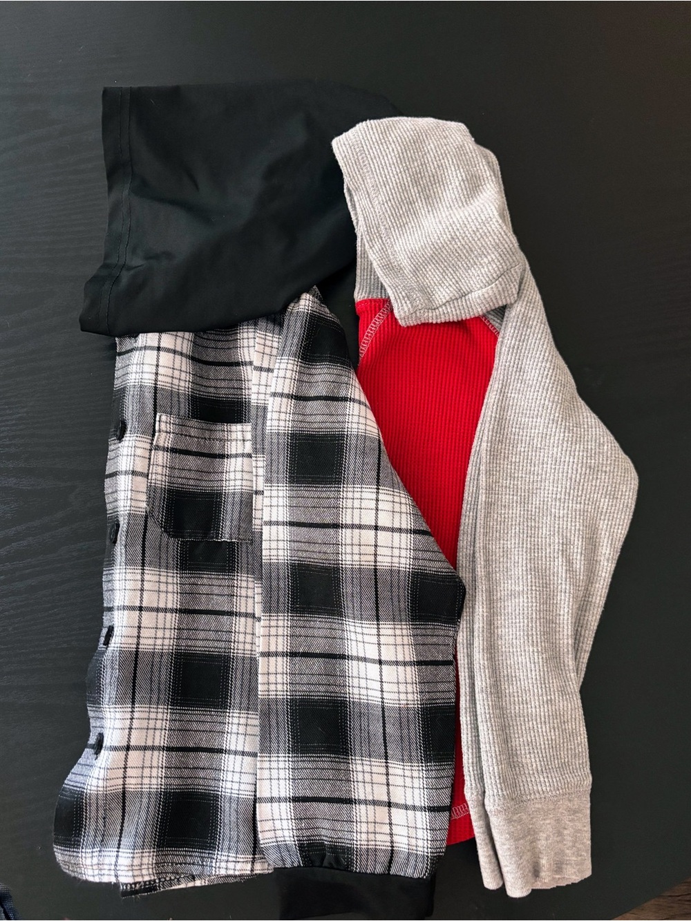 Kids 2 Pack Black/White Plaid Hooded Shirt & Red/Gray Long Sleeve Waffle Shirt